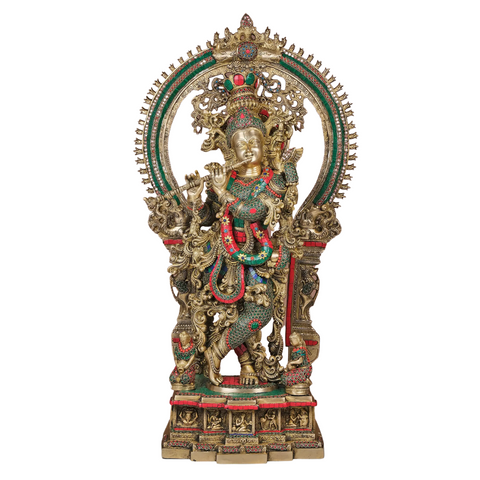 Brass Large  Krishna With Stone Work