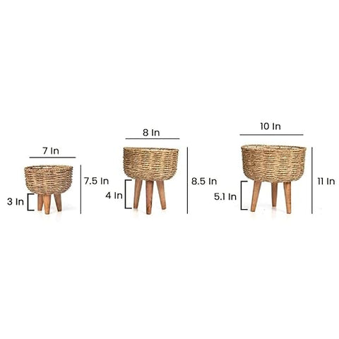 Jute Planter - Pots Basket Set of Three with Wooden Stand