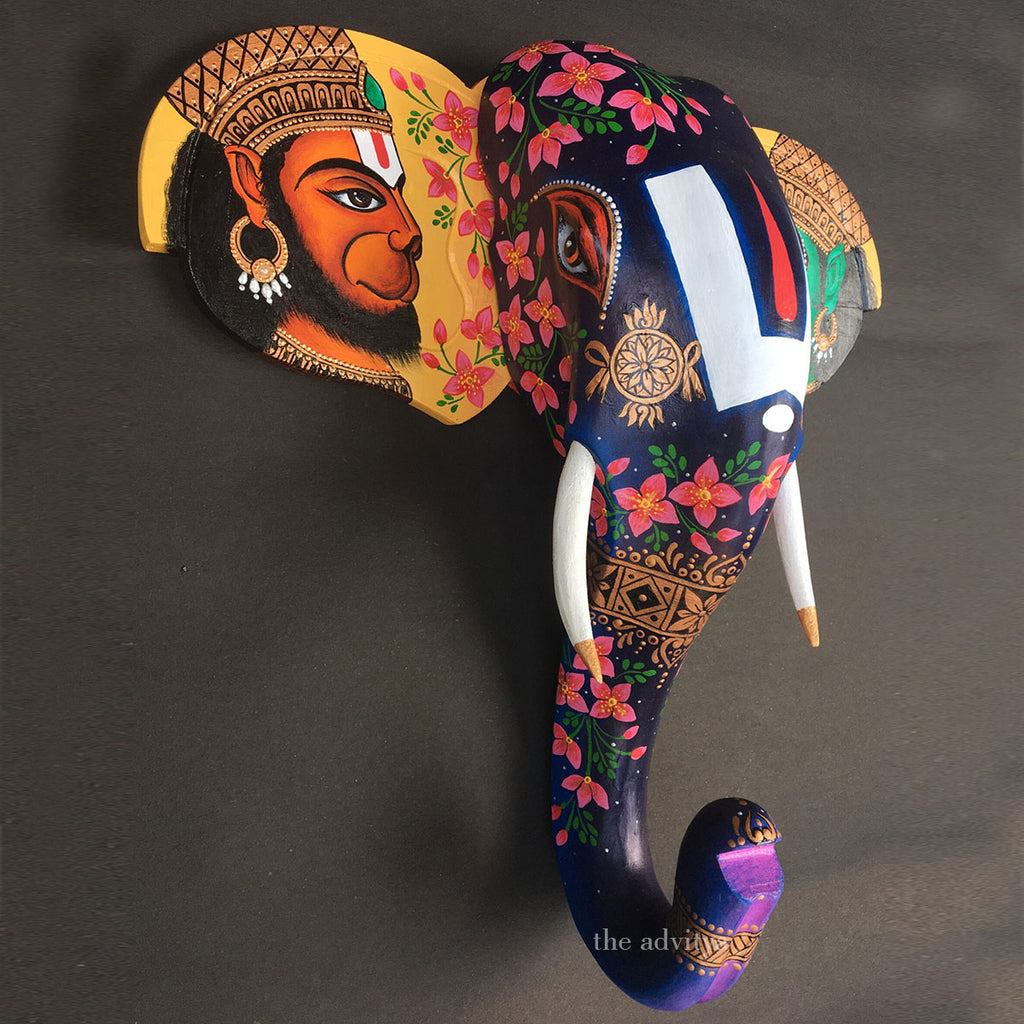 wooden elephant head , wooden hanuman head , wooden garuda head , bajrang bali wooden statue , home deocor , wall decor , wooden elephant head with hanuman and garuda 