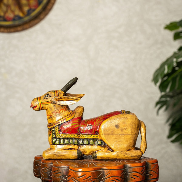 Wooden Nandi Statue in Sitting Posture (Handpainted)