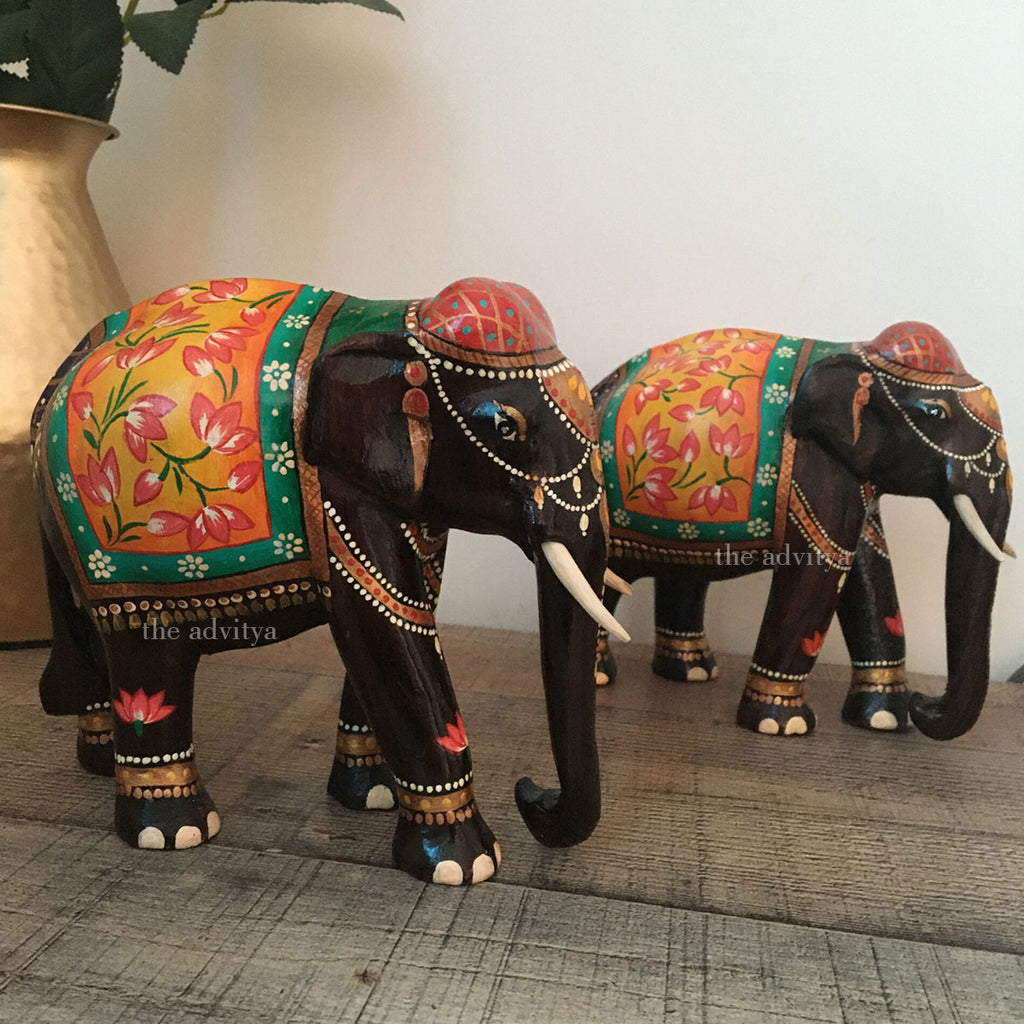 hand painted wooden elephants , wooden elephants , elephant statue , home decor , table decor