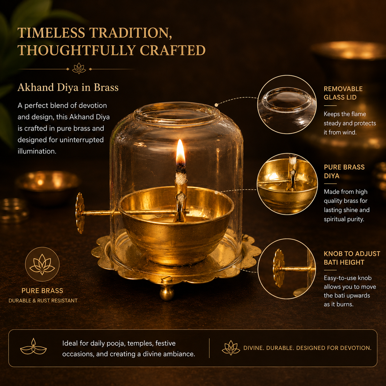 Brass Akhand Jyot Diya With Adjustable Bati Knob(Medium| 150 ML)