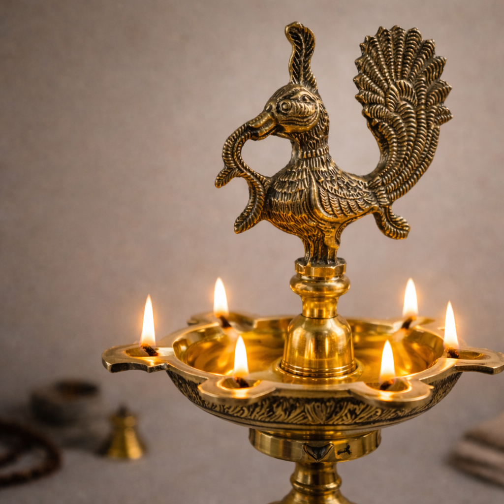 Peacock Venu Lamp | Five Wick Diya | Brass Diya | Pooja & Decor | 35.5 Inches