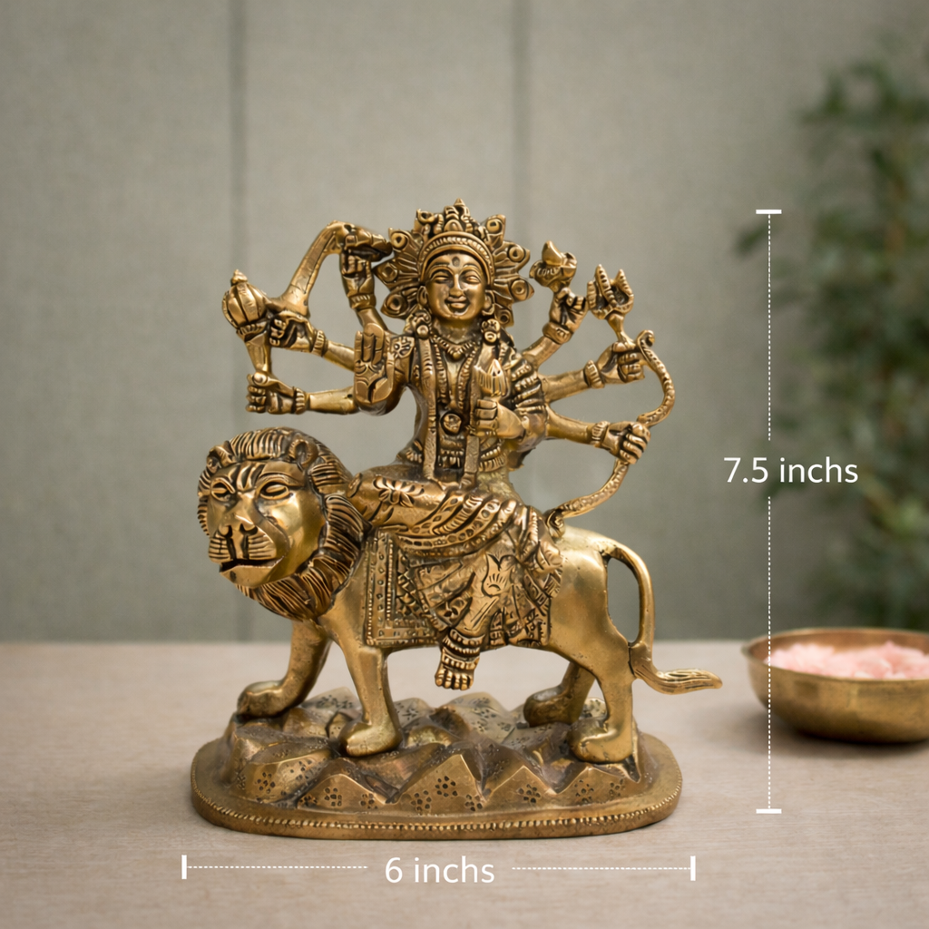 Durga Mata Brass Murti with Lion for Pooja Room | 7.5 Inches