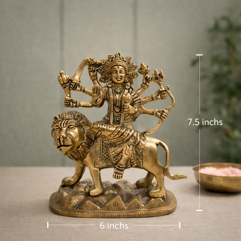 Durga Mata Brass Murti with Lion for Pooja Room | 7.5 Inches