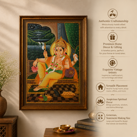 Ganesha with Mushak Vintage Painting in a Wooden Frame
