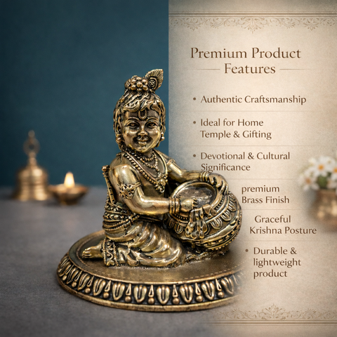 Bal Krishna Idol | Makhanchor Swaroop | Brass Superfine Finish | Home & Mandir Decor | 3 Inches