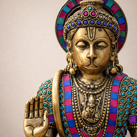 Hanuman's Abhaya Mudra Murti in Brass with Stonework | 11.5 inches