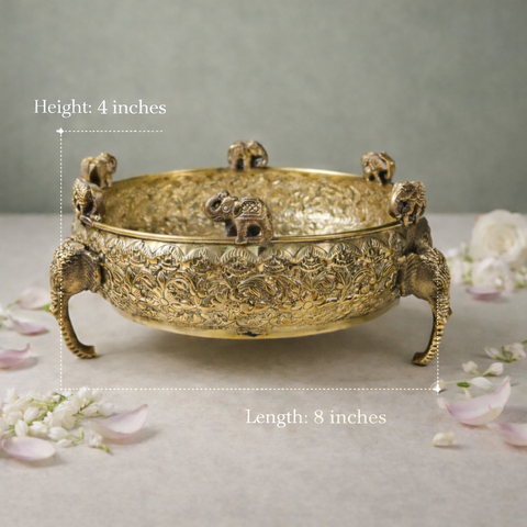 Elephant Face Urli | Brass Bowl for Decor & Gifting | Lightweight | Floral Detailing | 8 X 4 Inches