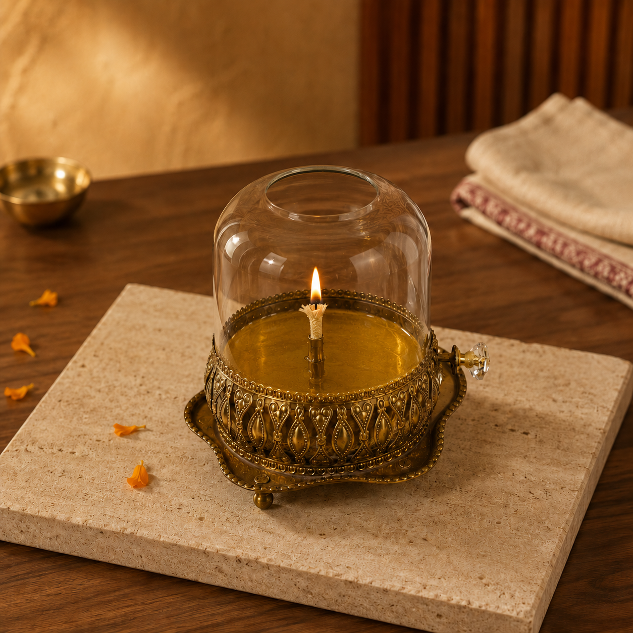 Brass Akhand Jyot Diya With Adjustable Bati Knob( Extra Large,200 Ml )