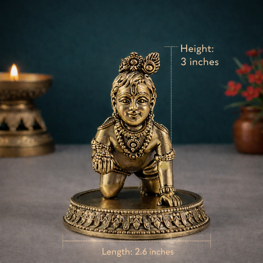 Laddu Gopal Krishna Idol | Crawling Bal Krishna | Brass Superfine Finish | Pooja Essential | 3 Inches