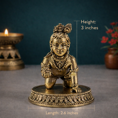 Laddu Gopal Krishna Idol | Crawling Bal Krishna | Brass Superfine Finish | Pooja Essential | 3 Inches