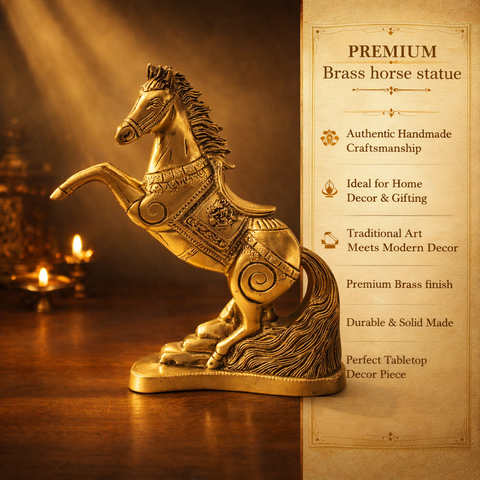 Horse with Raised Legs Brass Statue for Vastu, Success Symbol Decor | 8.5 Inch