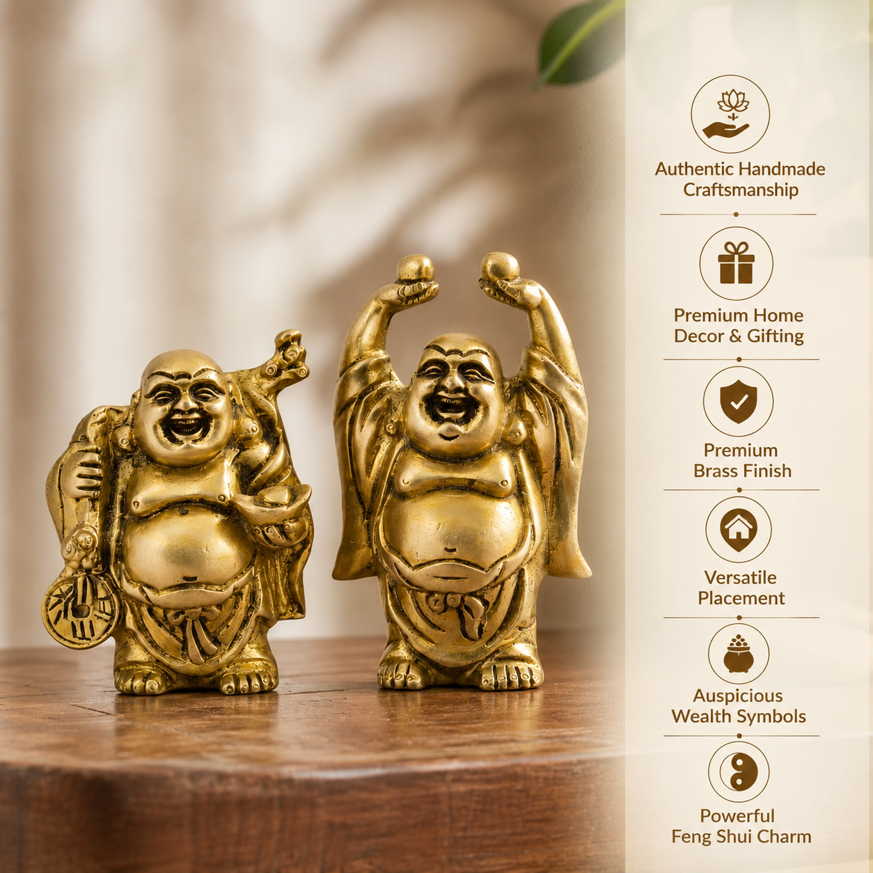 Brass Laughing Buddha Murti Pair for Prosperity & Positive Energy