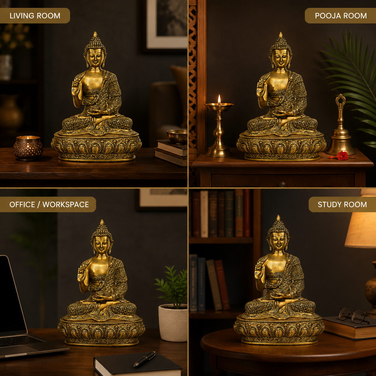Large Brass Sitting Buddha Statue on Ornamental Base