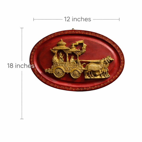 Mahabharata Krishna Arjuna Chariot Brass Wall Hanging with Wooden Base | 18 Inch