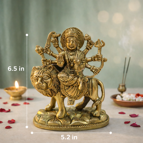 Goddess Durga with Lion Brass Idol for Mandir | 6.5 Inches