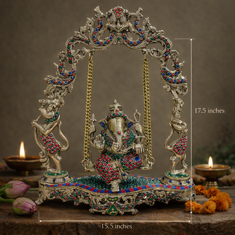 Ganesh on Jhula/Swing | Stonework Finishing | Brass Make| Decor & Gifting | 17.5 Inches
