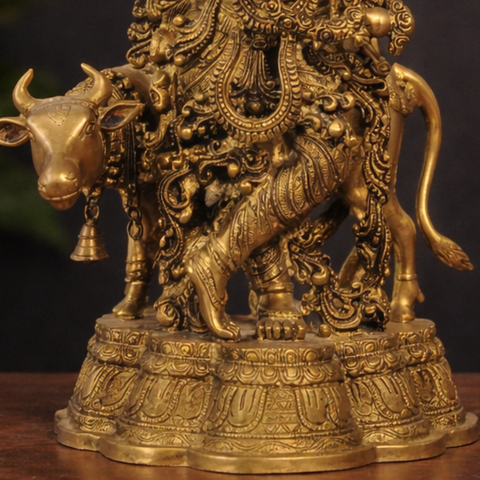Lord Krishna with Cow Idol in Brass Finish for Temple & Decor | 27 Inches