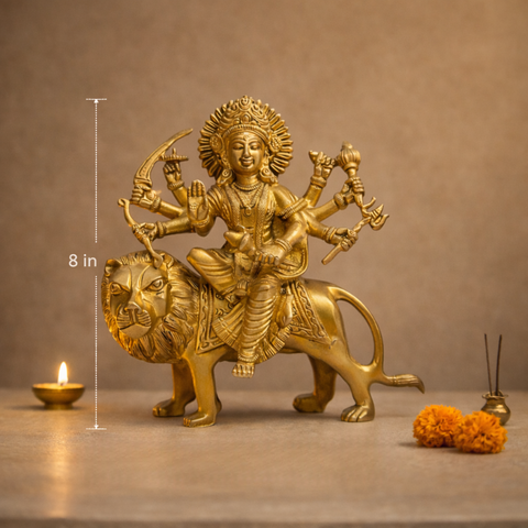 Goddess Durga Murti with Lion in Brass for Mandir, Pooja Room & Festive Decor | 8 Inch