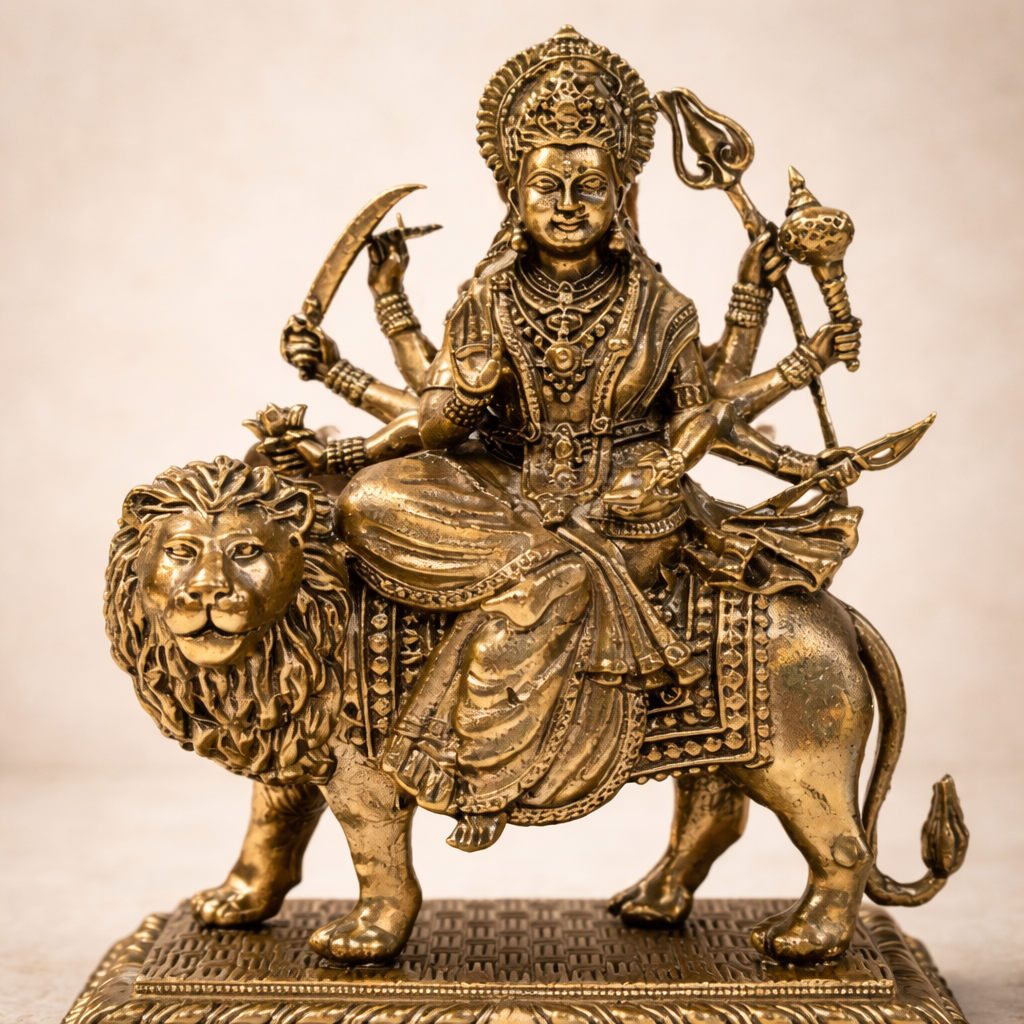 Durga on Lion Superfine Brass Statue for Puja & Home Decor | 4.5 Inch