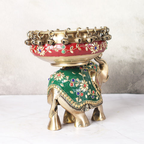 Brass Urli Bowl with Bells on Elephant  In Mosaic Work