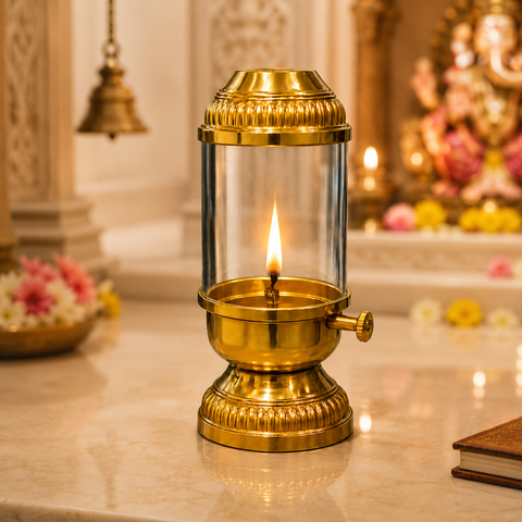 Elegant Brass Oil Akhand Jyot Diya With Adjustable Bati ( Large, 300 ml Capacity )