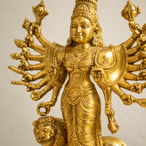 Durga Mahishasur Mardini Brass Idol with Lion for Home Temple & Pooja Room | 10 Inch