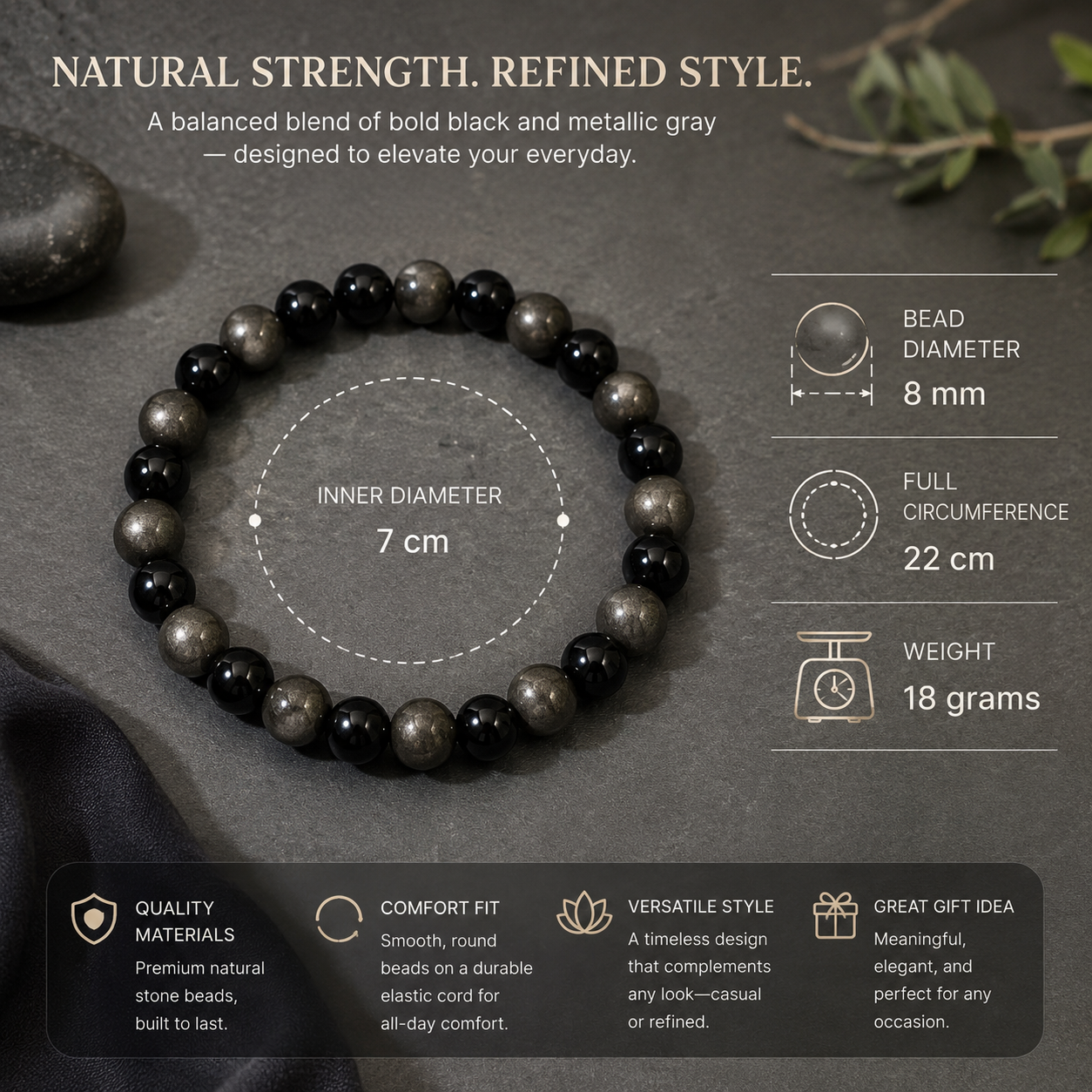 Natural Pyrite & Onyx Bracelet for Wealth, Protection & Confidence