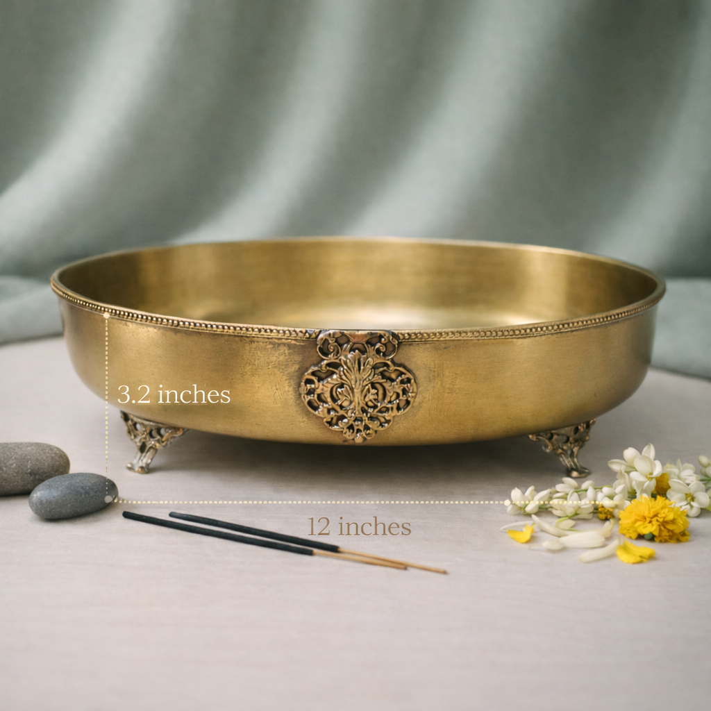 Suvarna Shanti Oval Urli | Brass Bowl | Festive Decorative Bowl | Gifting Item | 12 X 3.2 Inches