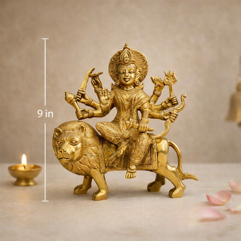Durga Mata Brass Murti with Lion for Home Temple & Spiritual Decor | 9 Inch