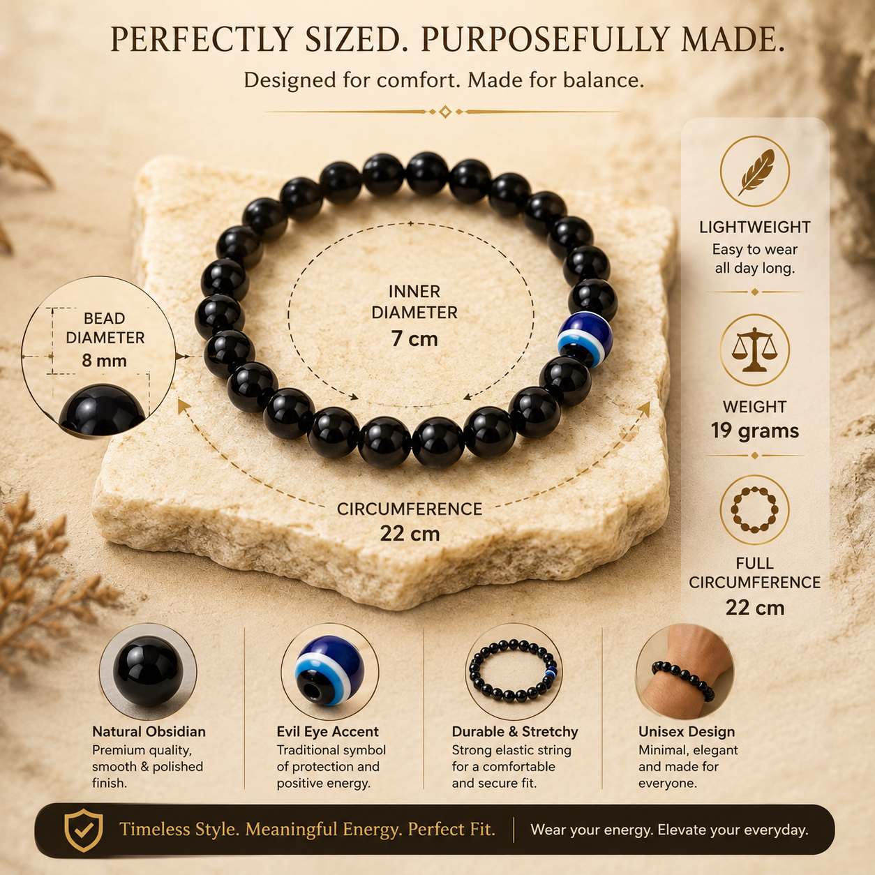 Natural Obsidian with Evil Eye Bracelet for Protection & Negative Energy Shield