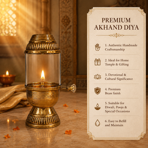 Elegant Brass Oil Akhand Jyot Diya With Adjustable Bati ( Medium, 180 ml Capacity )