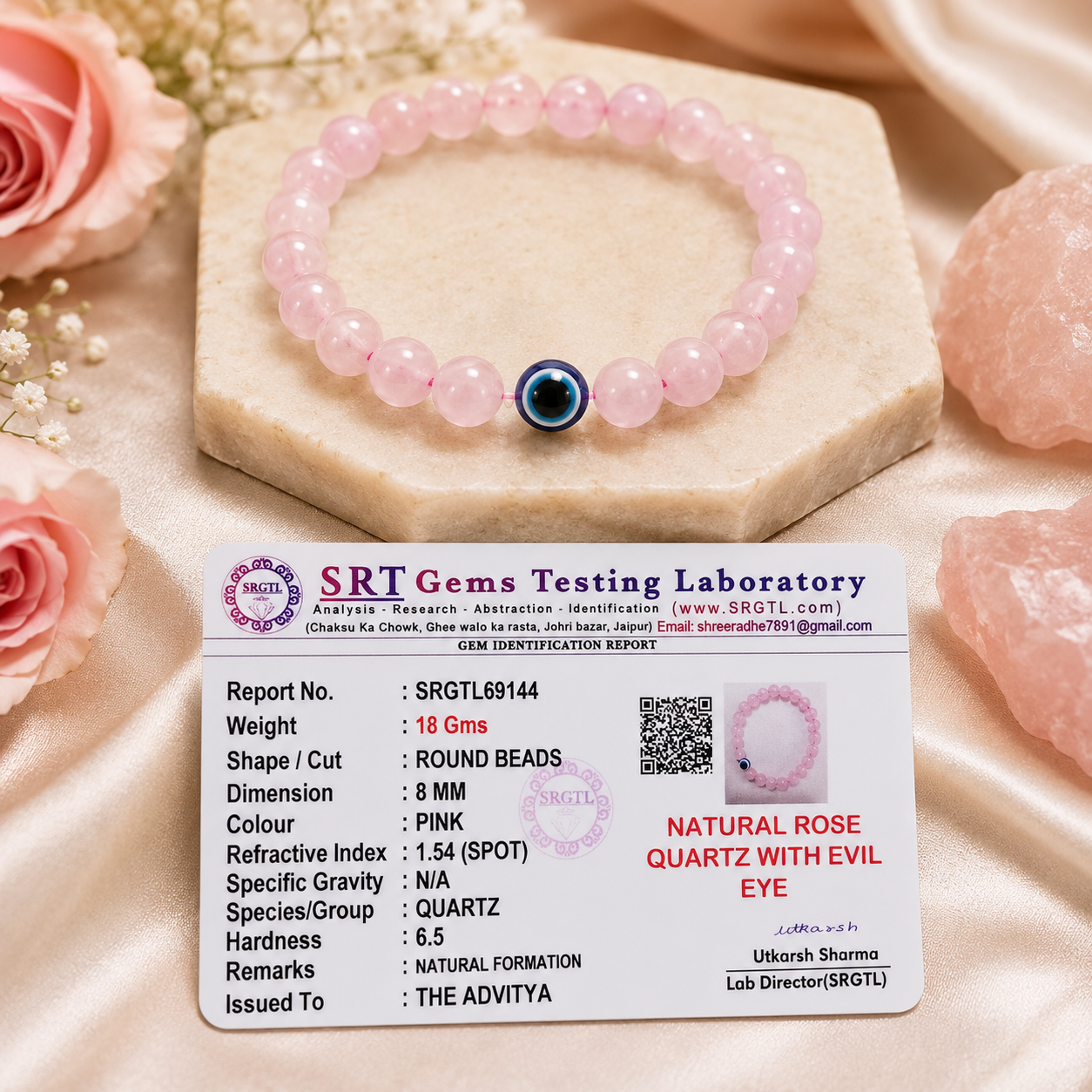 Natural Rose Quartz with Evil Eye Bracelet for Love, Protection & Emotional Peace