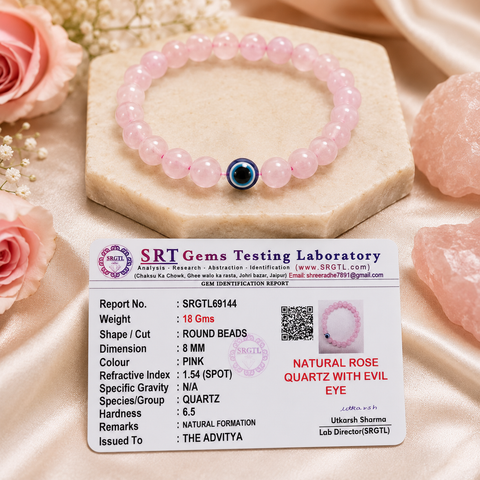 Natural Rose Quartz with Evil Eye Bracelet for Love, Protection & Emotional Peace