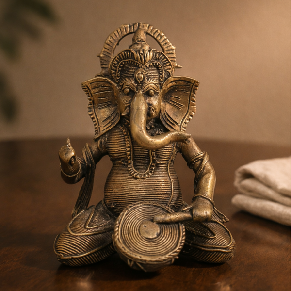 Ganesha Playing Drum (Musician Ganpati) Brass Antique Finish Statue for Home Décor, Pooja & Vastu | 5.5 Inch