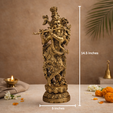 Krishna Murti (Flute Playing Venugopal) in Brass or Home Temple, Pooja & Gifting | 14.5 Inch