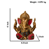Stonework Brass Ganesha Idol for Mandir & Home Decor (6 inch)