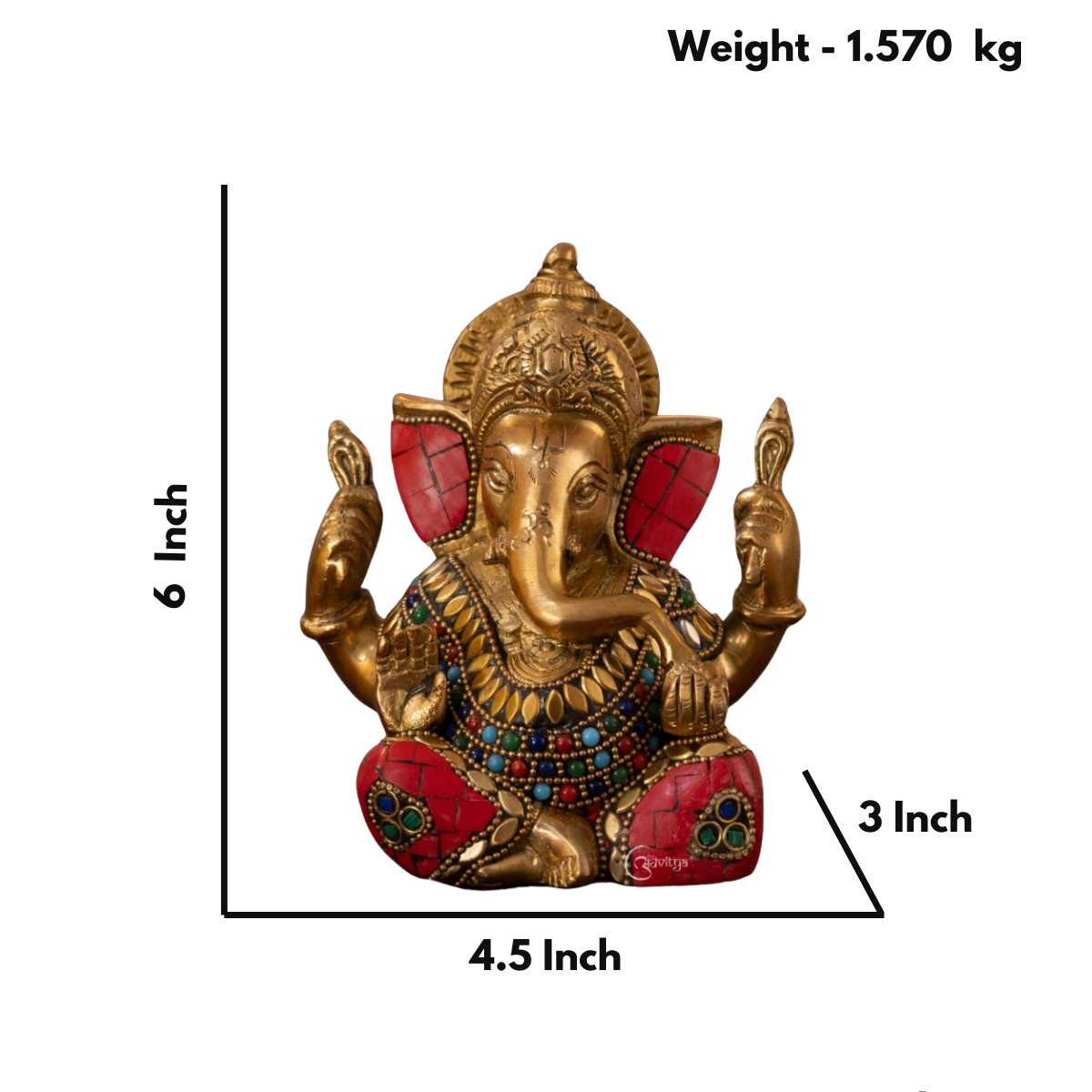 Stonework Brass Ganesha Idol for Mandir & Home Decor (6 inch)