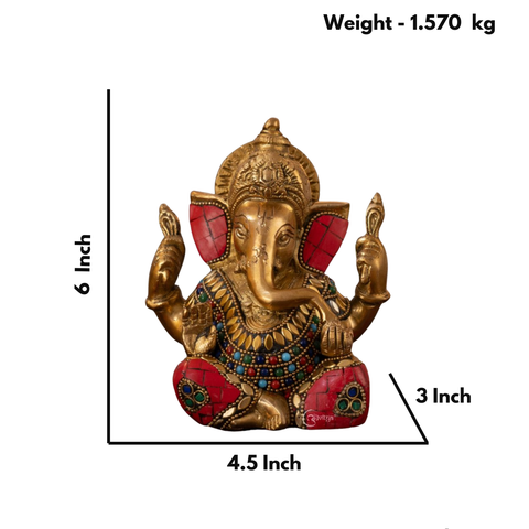 Stonework Brass Ganesha Idol for Mandir & Home Decor (6 inch)