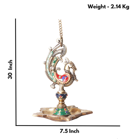 Brass Sparrow Hanging Diya in Mosaic Work