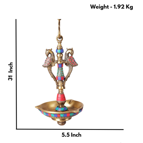 Brass Peacock Hanging Diya With Mosaic Work