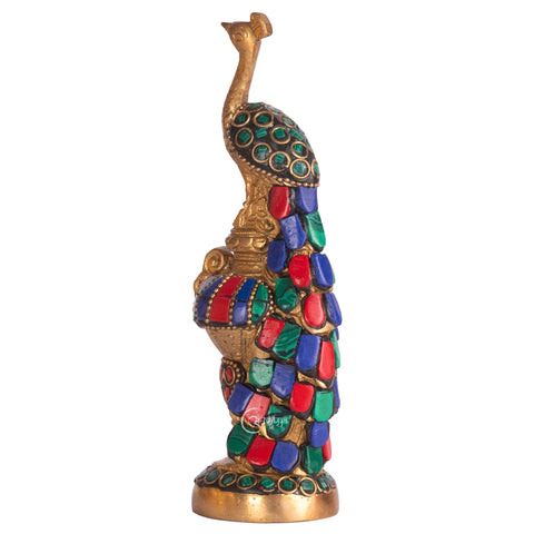 Brass Multicoloured Stone Peacock Decorative Showpiece