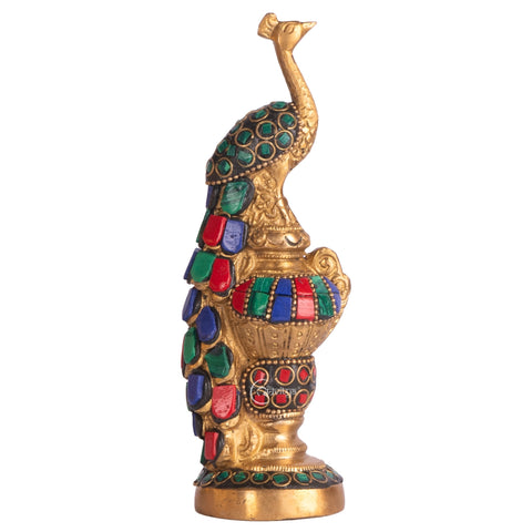 Brass Multicoloured Stone Peacock Decorative Showpiece