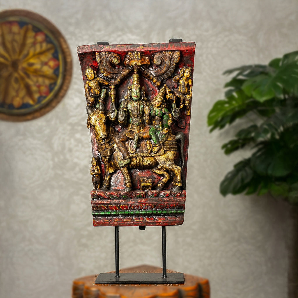 Wooden Shiva Parvathi with Nandi on Iron Stand (Multi-colour)