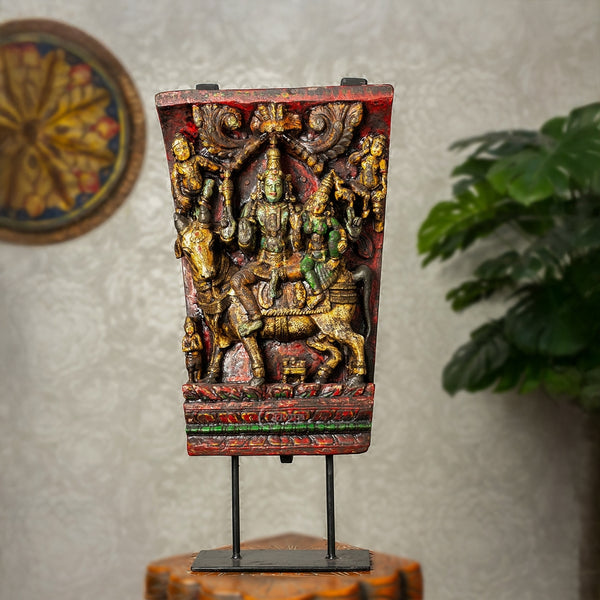 Wooden Shiva Parvathi Seated on Nandi on Iron Stand (Multi-colour)