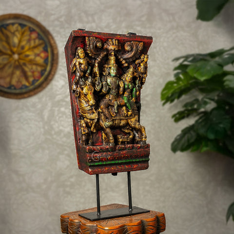Wooden Shiva Parvathi with Nandi on Iron Stand (Multi-colour)