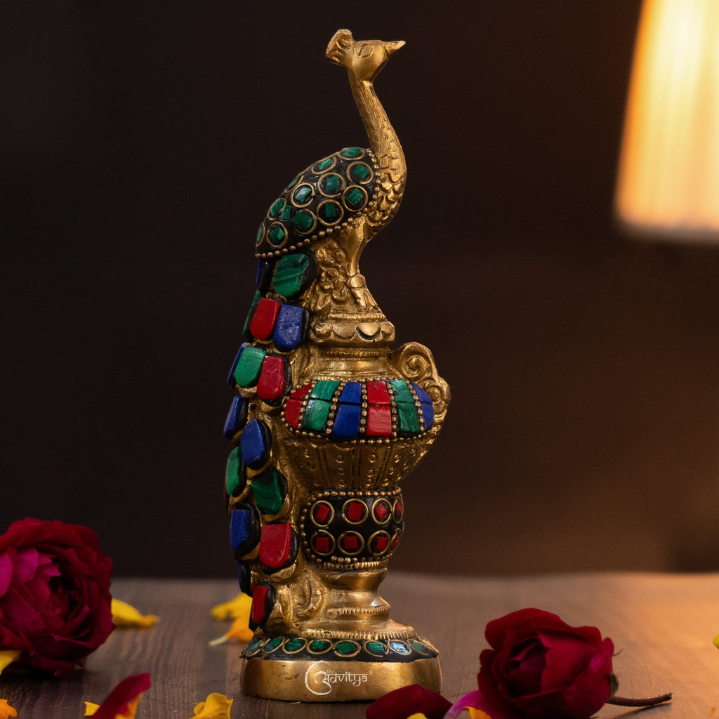 Brass Multicoloured Stone Peacock Decorative Showpiece