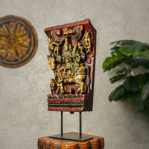 Wooden Shiva Parvathi with Nandi on Iron Stand (Multi-colour)