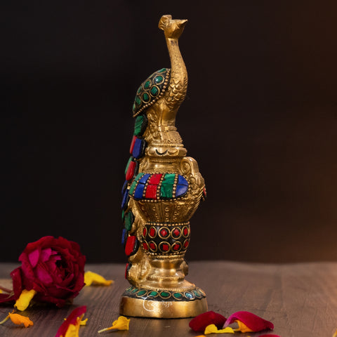 Brass Multicoloured Stone Peacock Decorative Showpiece